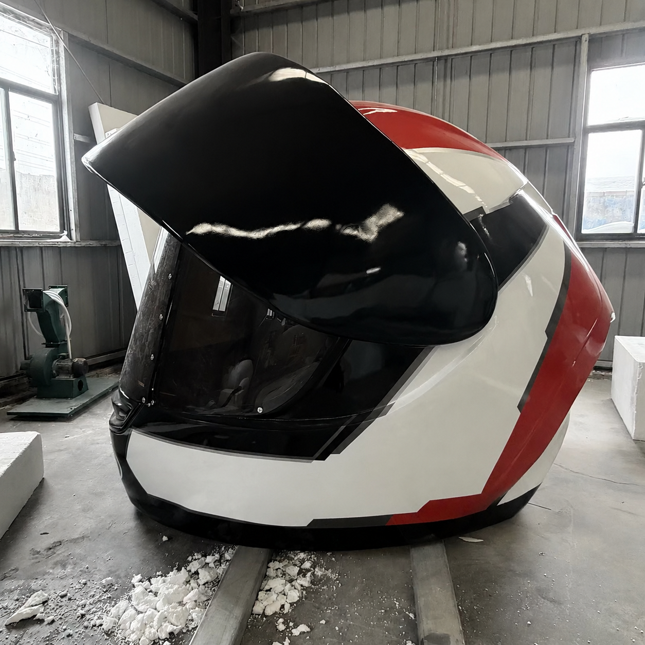 Jak powstaje gigantyczna rzeźba kasku motocyklowego z żywicy — i kto wykonuje ją na dużą skalę?